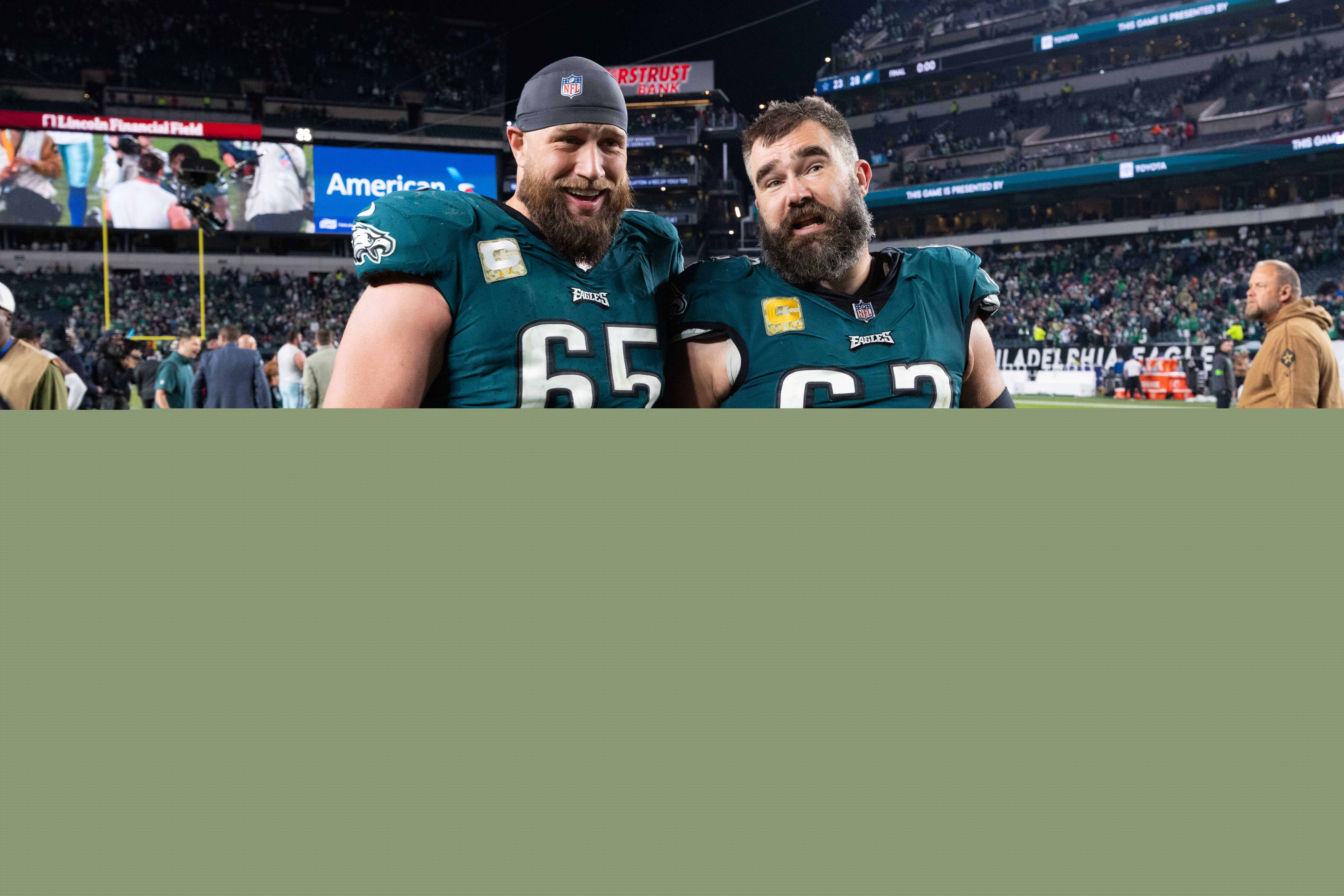 Lane Johnson (left) and Jason Kelce (right) are long-time teammates on the Philadelphia Eagles. 